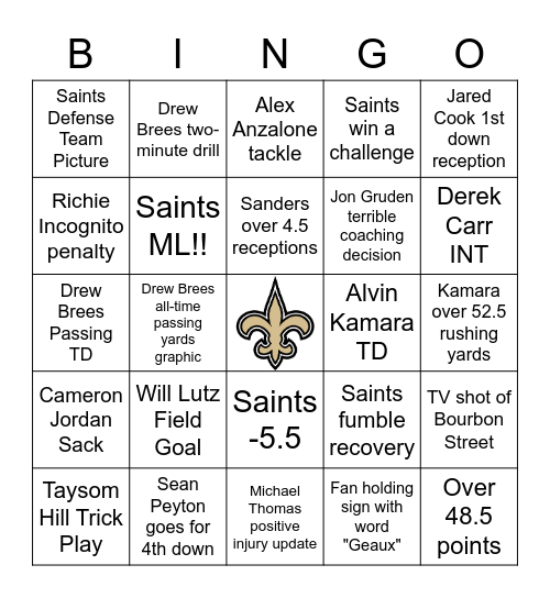 Saints Bar Bingo Card