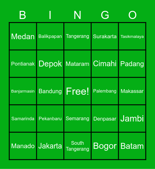 Indonesia's City BINGO- 22nd Sept 2020 Bingo Card