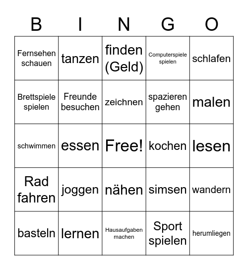 Freizeit Bingo Card