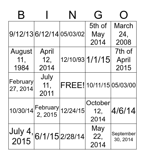 Calendar BINGO! Bingo Card