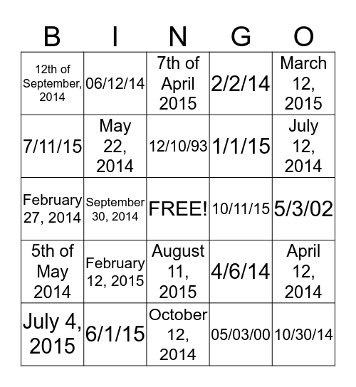 Calendar BINGO! Bingo Card