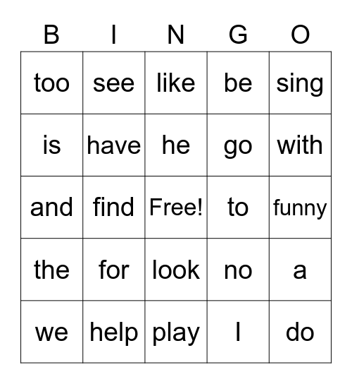 Sight Words Bingo Card