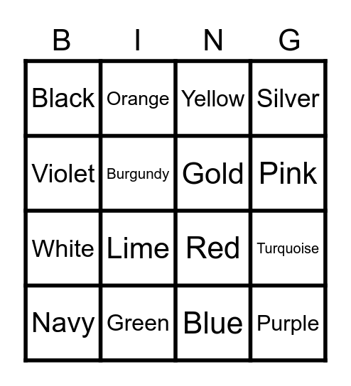 COLOURS Bingo Card