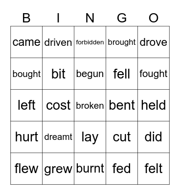 Irregular Verbs Bingo Card