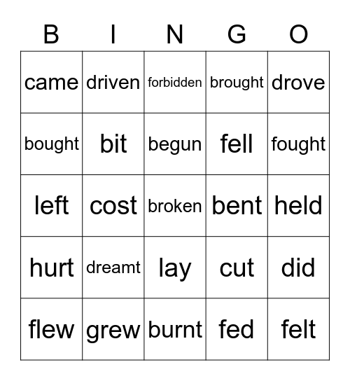 Irregular Verbs Bingo Card