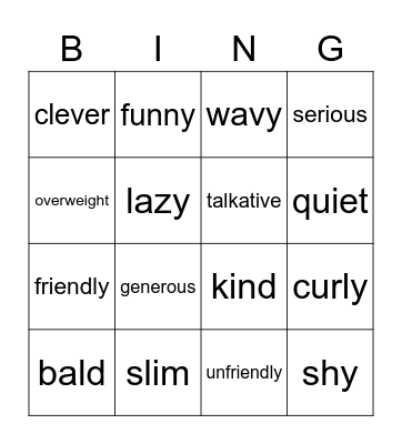 Description Bingo Card