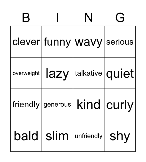 Description Bingo Card