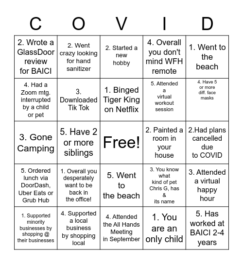 COVID BINGO Card