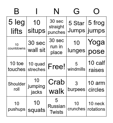 Fitness Bingo Card