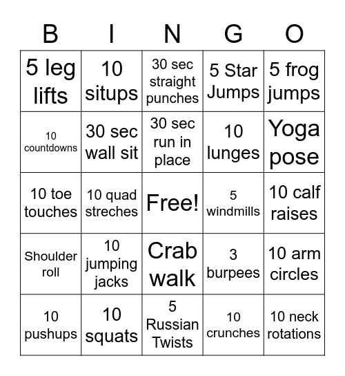 Fitness Bingo Card