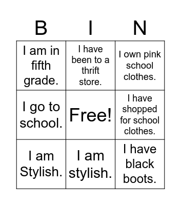 School Clothes Poem Bingo Card