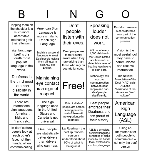 Deaf Culture Bingo Card