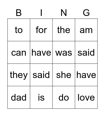 Kindergarten Sight Words Bingo Card
