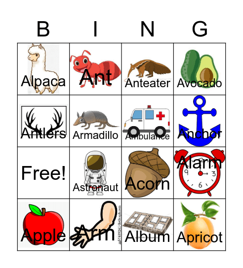 Letter A Bingo Card