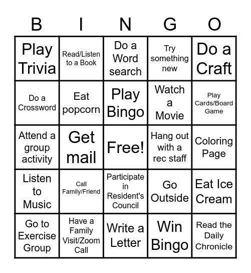 October Recreation Bingo Card