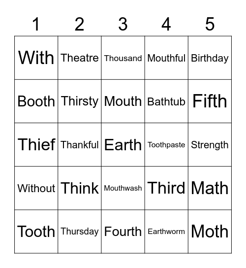 Voiceless TH Bingo Card