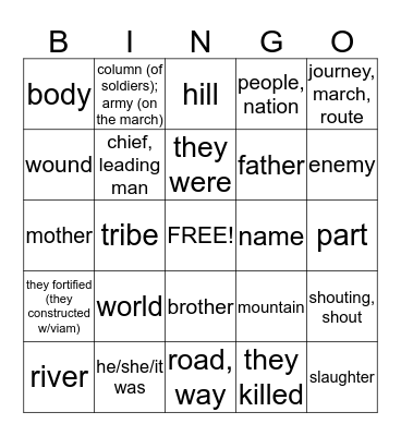 Latin Vocabulary Bingo Card