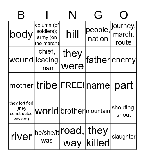 Latin Vocabulary Bingo Card