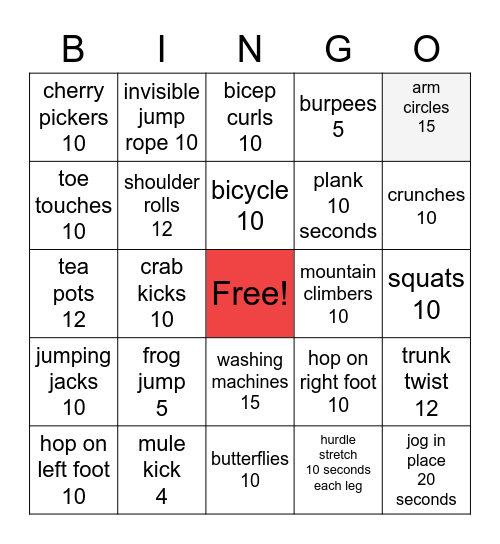 Mrs. M's Fitness Bingo Card