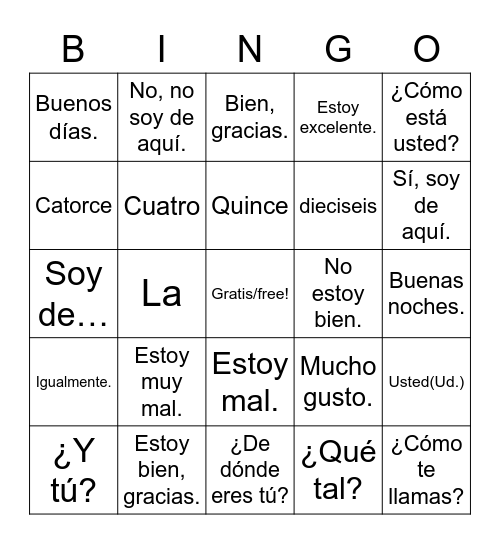 Basic Spanish Greetings and More Bingo Card