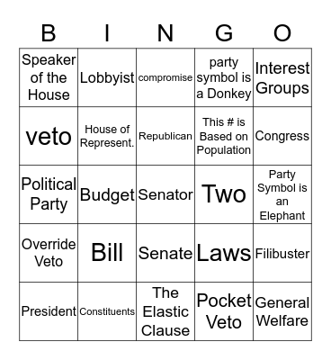 Legislative Branch of Government Bingo Card