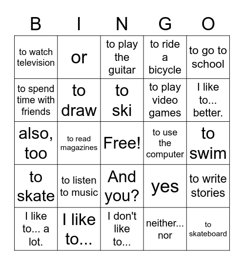 Spanish 1 Bingo Card