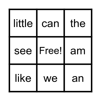 Sight Words Bingo Card