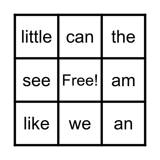 Sight Words Bingo Card