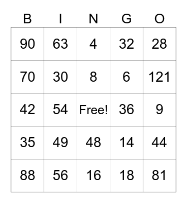 Multiplication Bingo Card