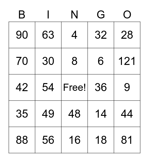Multiplication Bingo Card