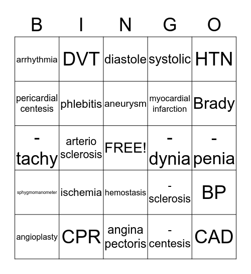 Chapter 10: Cardiovascular System Bingo Card