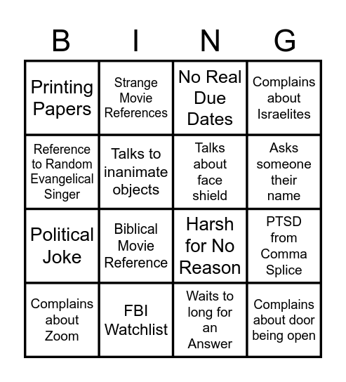 Bennett Bingo Card