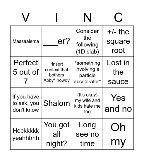 Vincego Bingo Card