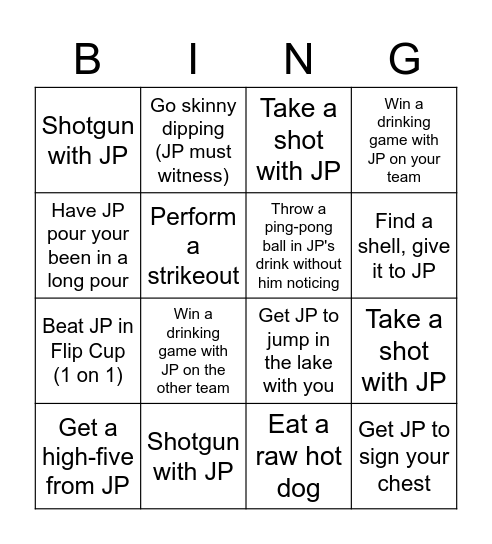 JP's Bachelor Bingo Card