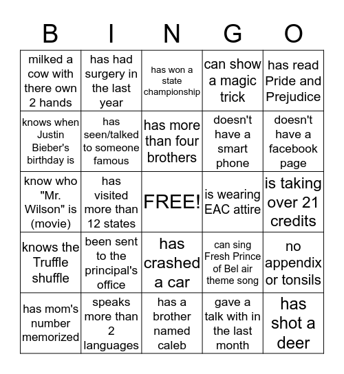 2nd Ward Bingo Card