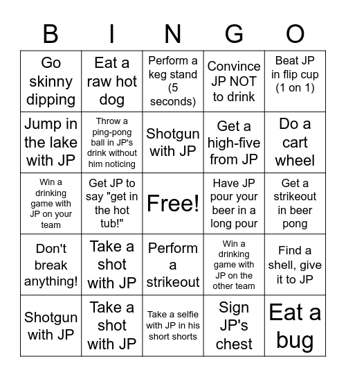 JP's Bachelor Party Bingo Card