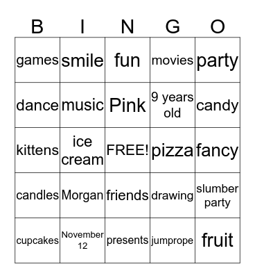 Morgan's Birthday Bingo Card