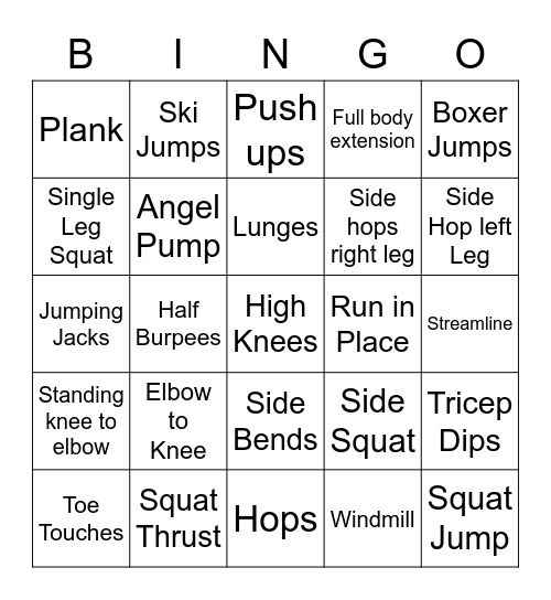Class Fitness Bingo Card