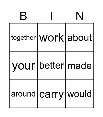 spelling words Bingo Card