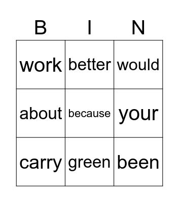 spelling words Bingo Card