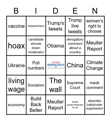 Democratic Presidential Debate 2020 for Oz Dems Bingo Card