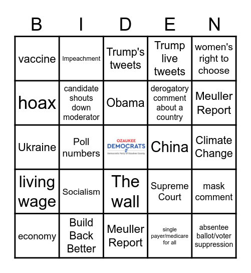 Democratic Presidential Debate 2020 for Oz Dems Bingo Card