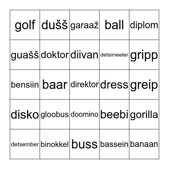 G, B, D sõna alguses Bingo Card
