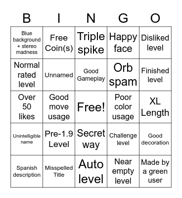 GD Random Levels Bingo Card