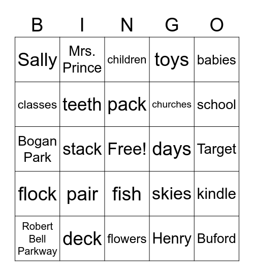 Noun Review Bingo Card