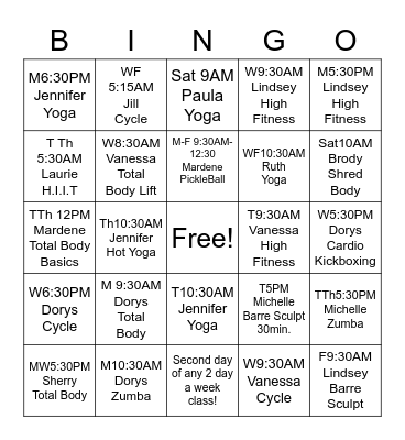 Group Fitness Challenge Bingo Card