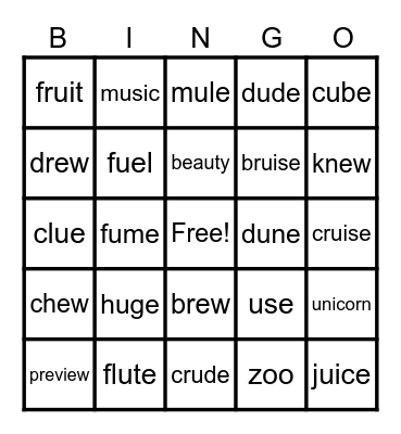 Long U Spelling Words Bingo Card