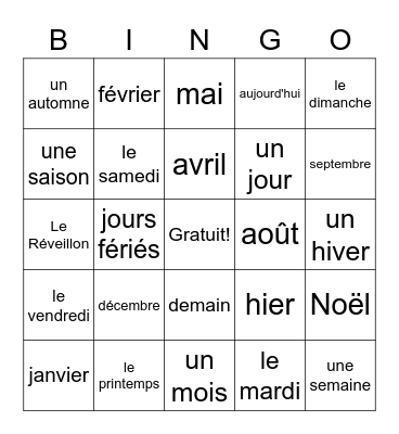 Le calendrier français Bingo Card