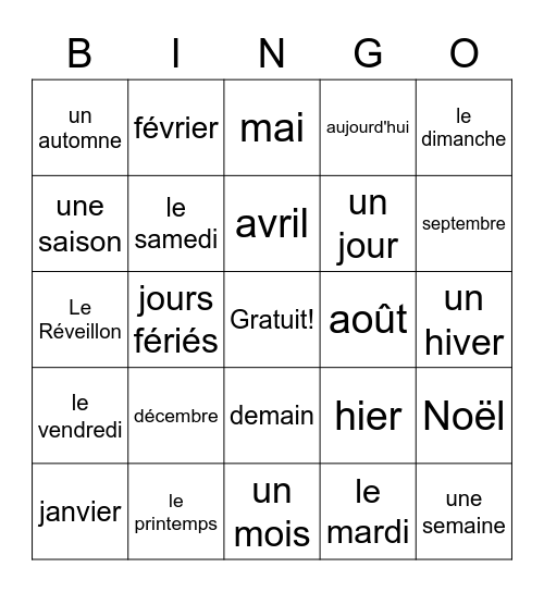 Le calendrier français Bingo Card