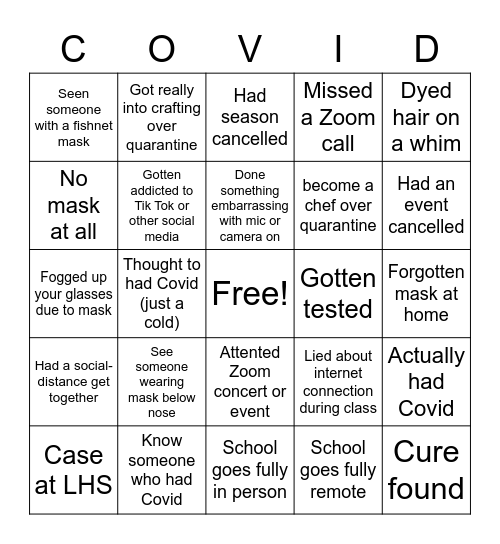 Covid Bingo Card